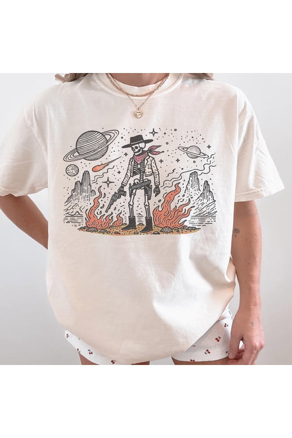 Cowboy Skeleton in Space, Cowboy Alien shirt, western ufo tshirt, vintage western t-shirt, cowboy outer space tee, vintage retro graphic tee, Ash Grey S