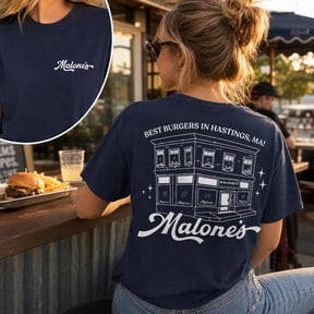 Teeso Malone's Bar Off Campus Two-sided Shirt, Briar U Hockey Romance Tee, Best Burgers Hastings MA, Bookish Gift, Navy S