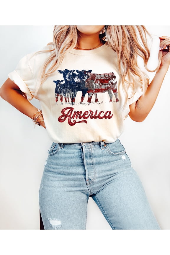 Patriotic Cow Shirt, American Flag Farmer Apparel, Farm Tee, Ivory M