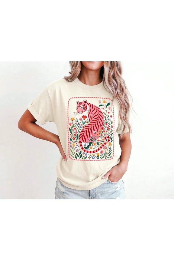 Pink Tiger Floral Graphic Tee, Maximalist Wildflower Animal Top, Pepper S
