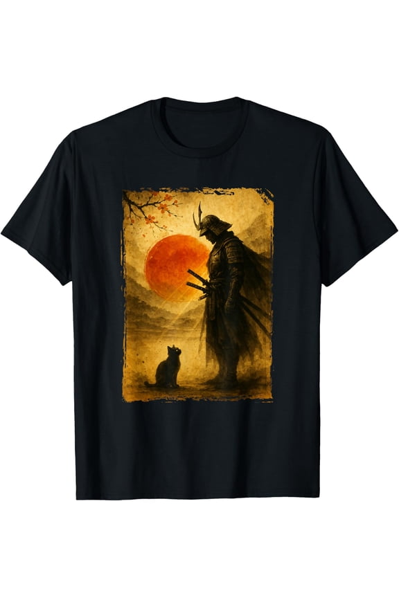 Samurai Warrior & Fighter | Black Cat, Vintage Japanese Art T-Shirt, Black 2XL