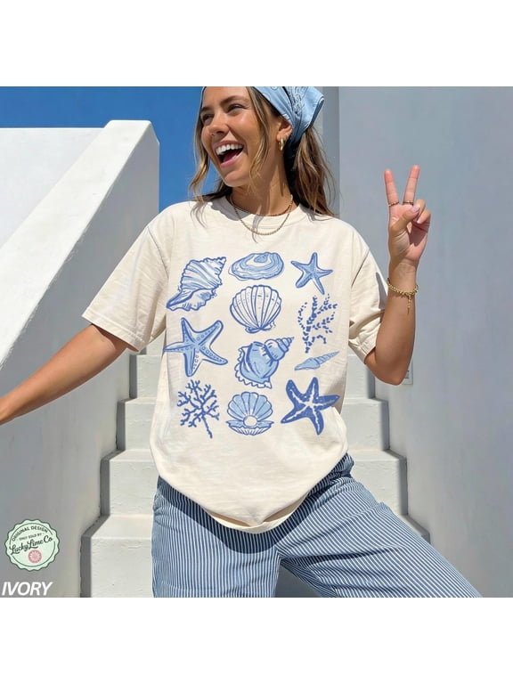 Seashell Shirt, Beach Shirt, Women's Summer Shirt, Sea Shell T-Shirt, Ocean Lover Tee, Cute Vacation Travel Tee, White L