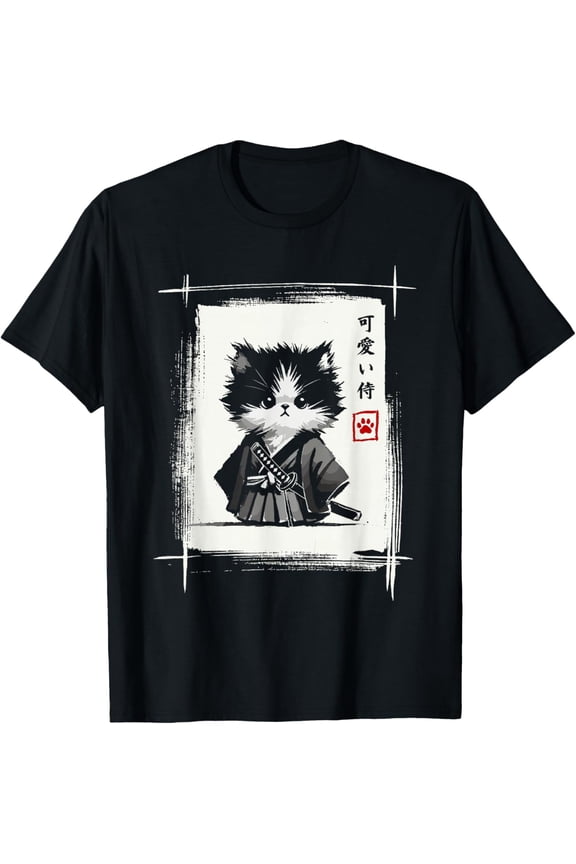 T-Shirt, Samurai Cat Japanese Art, Sumi-e, Kawaii Cat, White 2XL