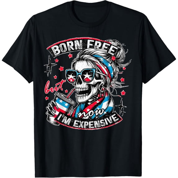 Teeso T-Shirt, Skeleton Graphic, Born Free But Now I'm Expensive, Quote Tee, Dark Heather S