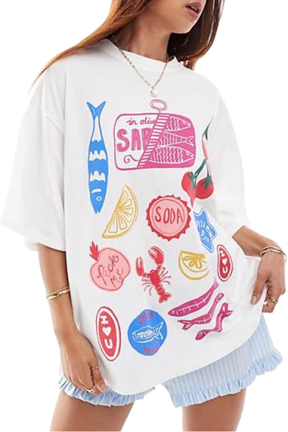 Women Y2k Oversized Summer Tops Cute Fruit Loose Fit Vintage T Shirts Crew Neck Aesthetic Graphic Short Sleeve, Sand S
