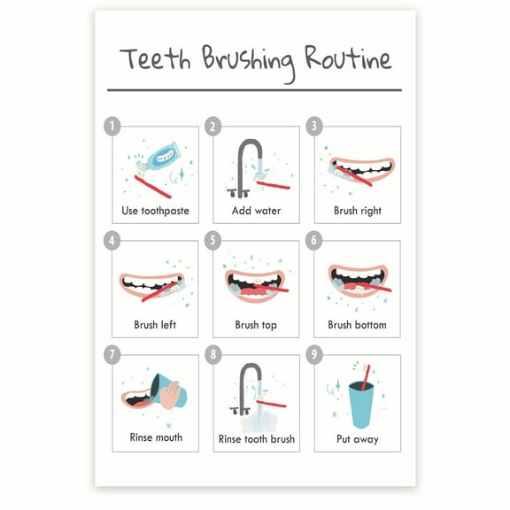 Teeth Brushing Routine Poster - Good Dental Hygiene Instruction - Educational Teeth Brushing - Bathroom Dentist Office - 12 x 18 Inch Poster - Unframed - Premium 100lb Gloss - Made In USA - BMCP0513