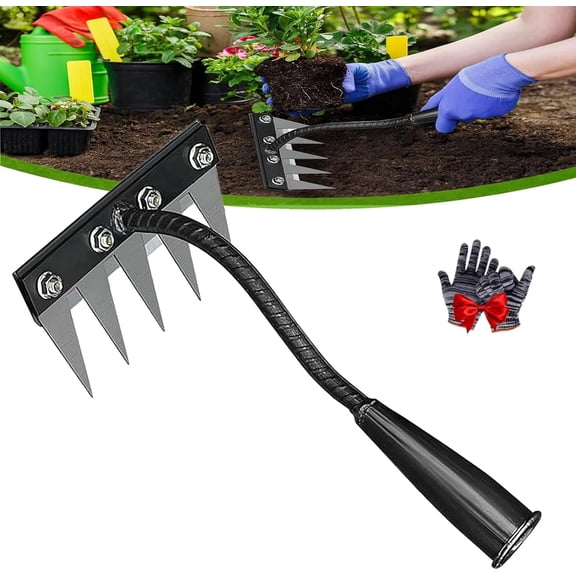 Teeth Carbon Steel Garden Weeding Rakes, Iron Weeding Rake 2.0 Heavy Duty Weed Puller Tool, Hand Weeder for Gardening, Lawn, Yard & Farm, Soil Loosening Metal Root Remover, Outdoor Tool (5)