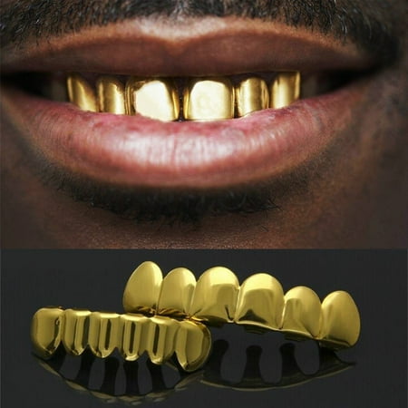 Teeth Grillz Gold Grills for Your Teeth Fake Teeth 18K Gold Plated Iced out Tooth Grillz for Men Women Hip Hop Rapper