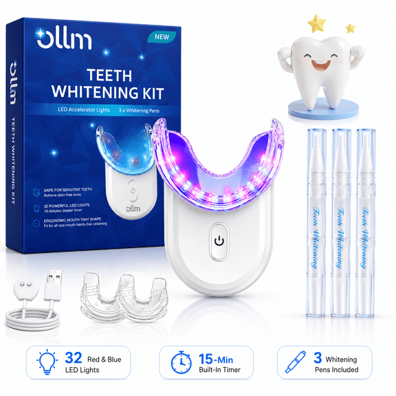 Teeth Kit with 32-LED Red & Blue Light Accelerator, Wireless, Gentle Yellow Stain Removal; Includes 3 Gel Pens + 28 Strips, Perfect for Home, Travel, Dates, Business Trips, Father's Day Gift