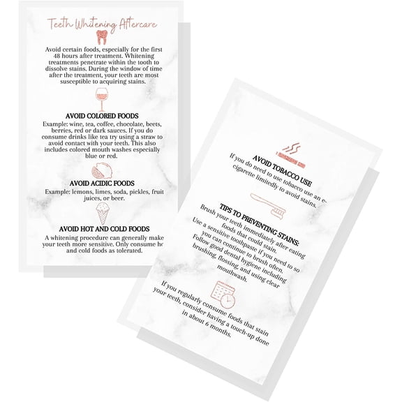 Teeth Whitening Aftercare Instructions Cards  50 Pack  Size 2x3.5" inch Business Card  Wallet Sized Rose Gold Icons on Marble Design