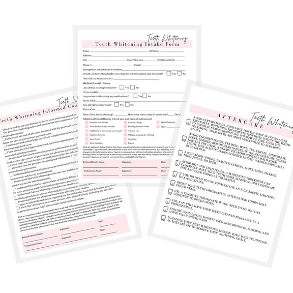Teeth Whitening Consent Form, Intake Form, Aftercare Form 75 Pack 8.5x11" inch Paper Size Form 25 Teeth Whitening Consent Forms, 25 Client Intake Forms, 25 Teeth Whitening Aftercare Forms