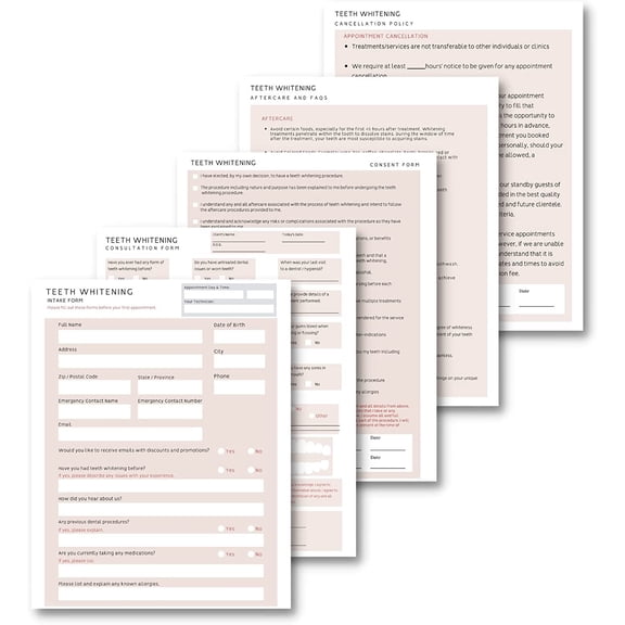 Teeth Whitening Intake, Consent, and Aftercare Form  75 Pack  8.5 x 11" A1 Forms  Clients Signature  25 Intake Forms, 25 Consent Forms, 25 Aftercare Forms, 25 Cancellation Policy