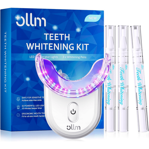 Teeth Whitening Kit with Gel Pen - Ollm Teeth Whitener with 32X LED Light,35% Carbamide Peroxide,3 Gel Syringes,10-Minute Fast Whitening , dental whitening treatment