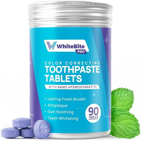 Whitebite Pro Color Correcting Nano Hydroxyapatite Toothpaste Tablets, Peppermint, 90 Count