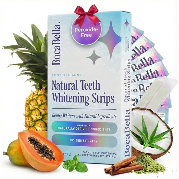 Teeth Whitening Strips for Sensitive Teeth – Natural, Peroxide-Free & Enamel-Safe , Clinically Tested Papaya & Pineapple Enzymes + Aloe & Coconut Oil , 14 Treatments for a Brighter, Whiter Smile