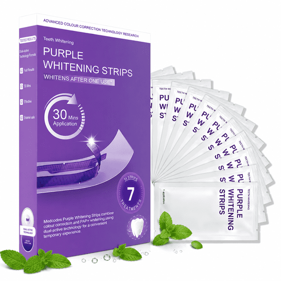 FERNA LABS Purple Teeth Whitening Strips, Pap+ Formula, Color Correction, Enamel Safe, 7 Pairs