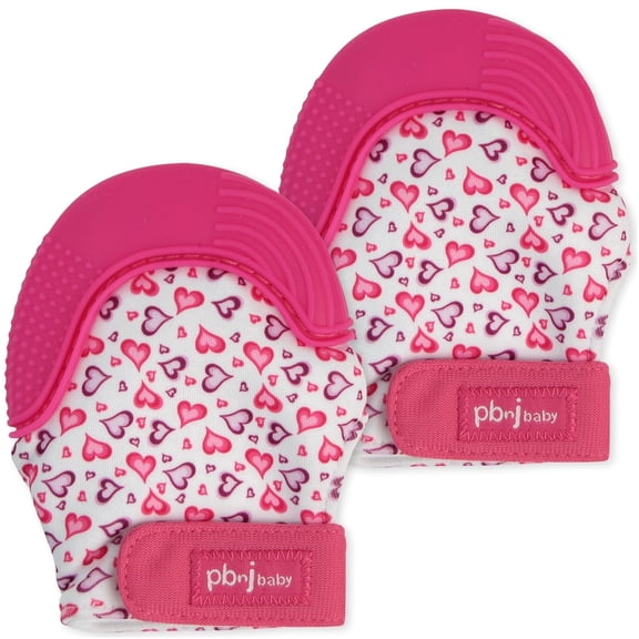 PBnJ Baby Teethee Mitt Silicone Teether Mitten for Infants and Toddlers, Hearts, 2 Pack