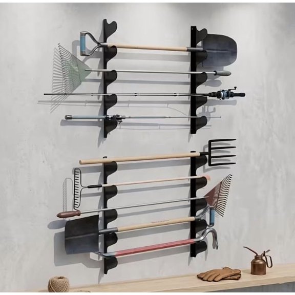 Teetheory 2 Pack Heavy Duty Garden Tool Rack, Wall Mounted Metal Storage Organizer with 5 Slots, Garage Tool Holder for Shovels, Rakes, Hoes, Brooms and Long Handle Equipment