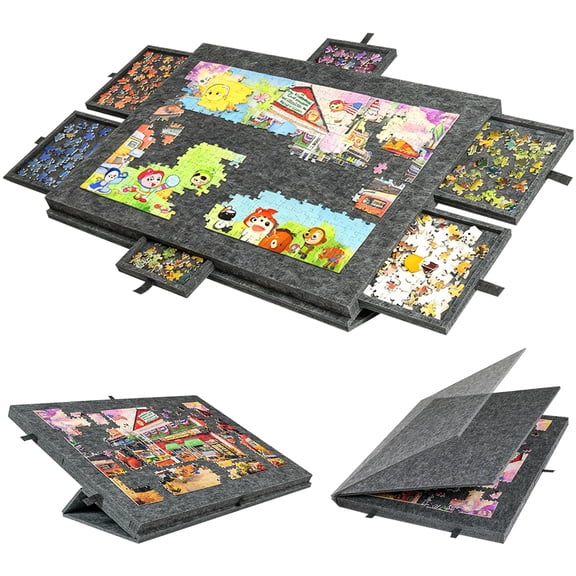 Teetheory Collapsible Puzzle Board with Adjustable Stand, Felt Cover & 6 Storage Drawers - Fits 1000-Piece Puzzles, Polyester Material, Portable
