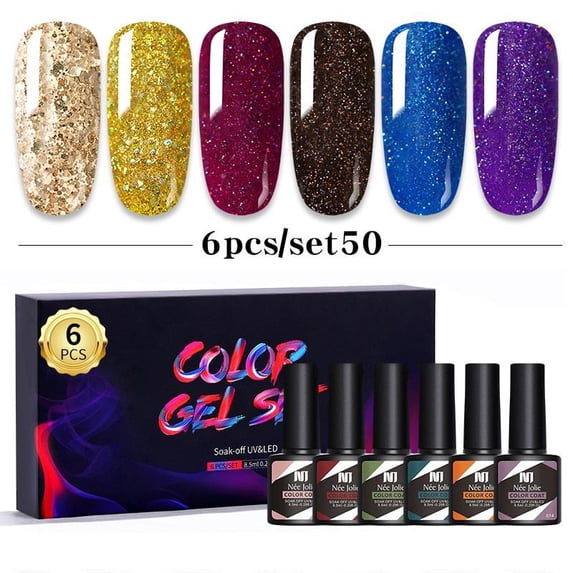 Teetheory 6-Color Gel Nail Polish Set,  Sparkle Nail Supplies Nail Art DIY, Soak Off UV LED Nail Glue Manicure Kit, Color Gel for Women & Girls
