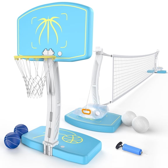Teetheory Pool Basketball Hoop & Pool Volleyball Net Set 2-in-1, Adjustable Volleyball Net for Pool, Stainless Steel Basketball Hoop for Pool, Swimming Pool Games for Summer Party