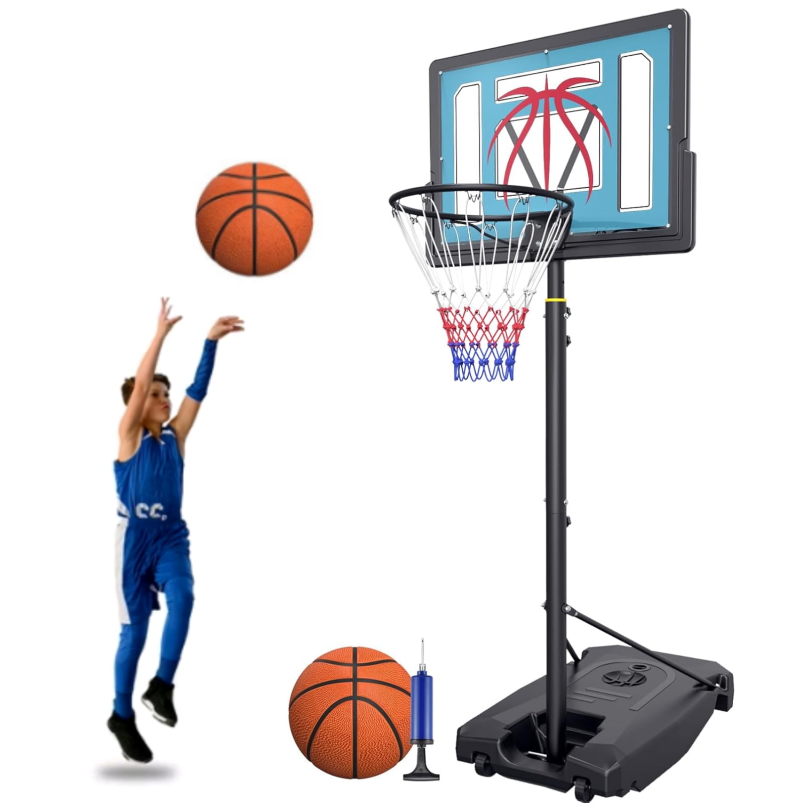 Teetheory Portable Basketball Hoop, 32" Adjustable Height (4.82-8.53FT) Backboard, with Wheels, Basketball & Pump Included, for Kids Teens Adults