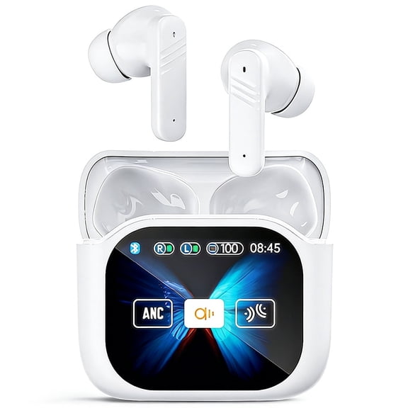 Teetheory White Wireless Earbuds, ANC+ENC Noise Canceling, Touch Screen, Bluetooth 5.4, 48H Playtime