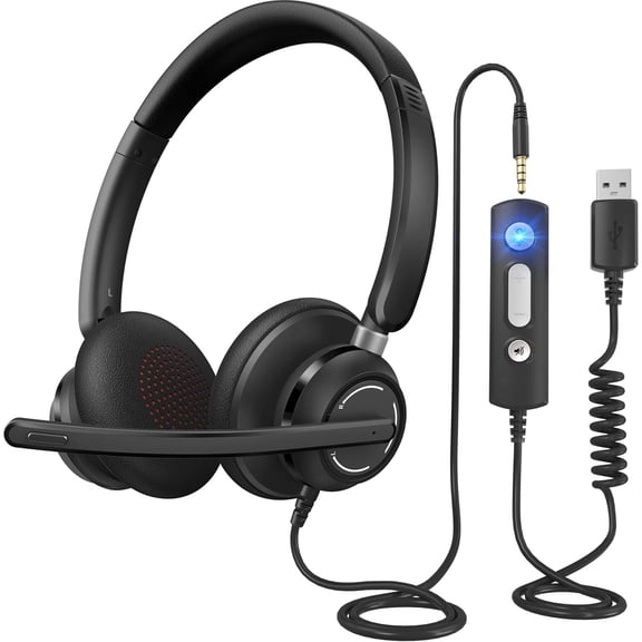 Teetheory Wired USB Headset with Noise Cancelling Microphone, 40mm Drivers, Inline Control, 9.5ft Cable, Dual USB/3.5mm Connectivity for PC, Laptop