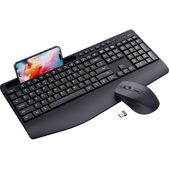 Teetheory Wireless Keyboard and Mouse Combo - Full-Sized Ergonomic Keyboard with Wrist Rest, Phone Holder, Silent 2.4GHz Cordless Keyboard Mouse Combo for PC/Laptop/Mac/Windows XP/7/8/10 (Black)