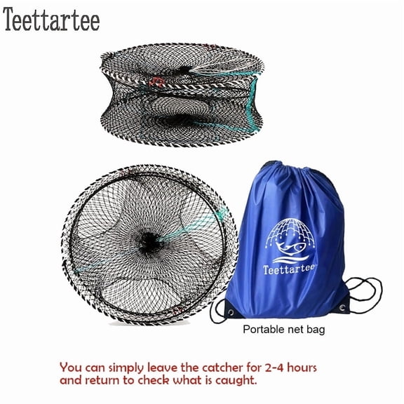 Teettartee Heavy-Duty Folding Crab Cage, Size Diameter=17.7”,Height=7.9”,Round Design with Secure Red Rope Handles, Black Mesh Trap Net for Crabbing, Shrimp,Marine Life,and Beach Fishing