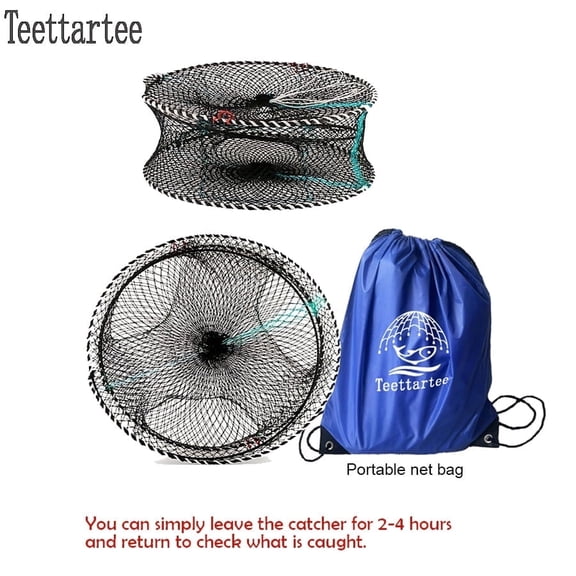 Teettartee Heavy-Duty Folding Crab Cage, Size Diameter=19.7”,Height=9.8”,Round Design with Secure Red Rope Handles, Black Mesh Trap Net for Crabbing, Shrimp,Marine Life,and Beach Fishing