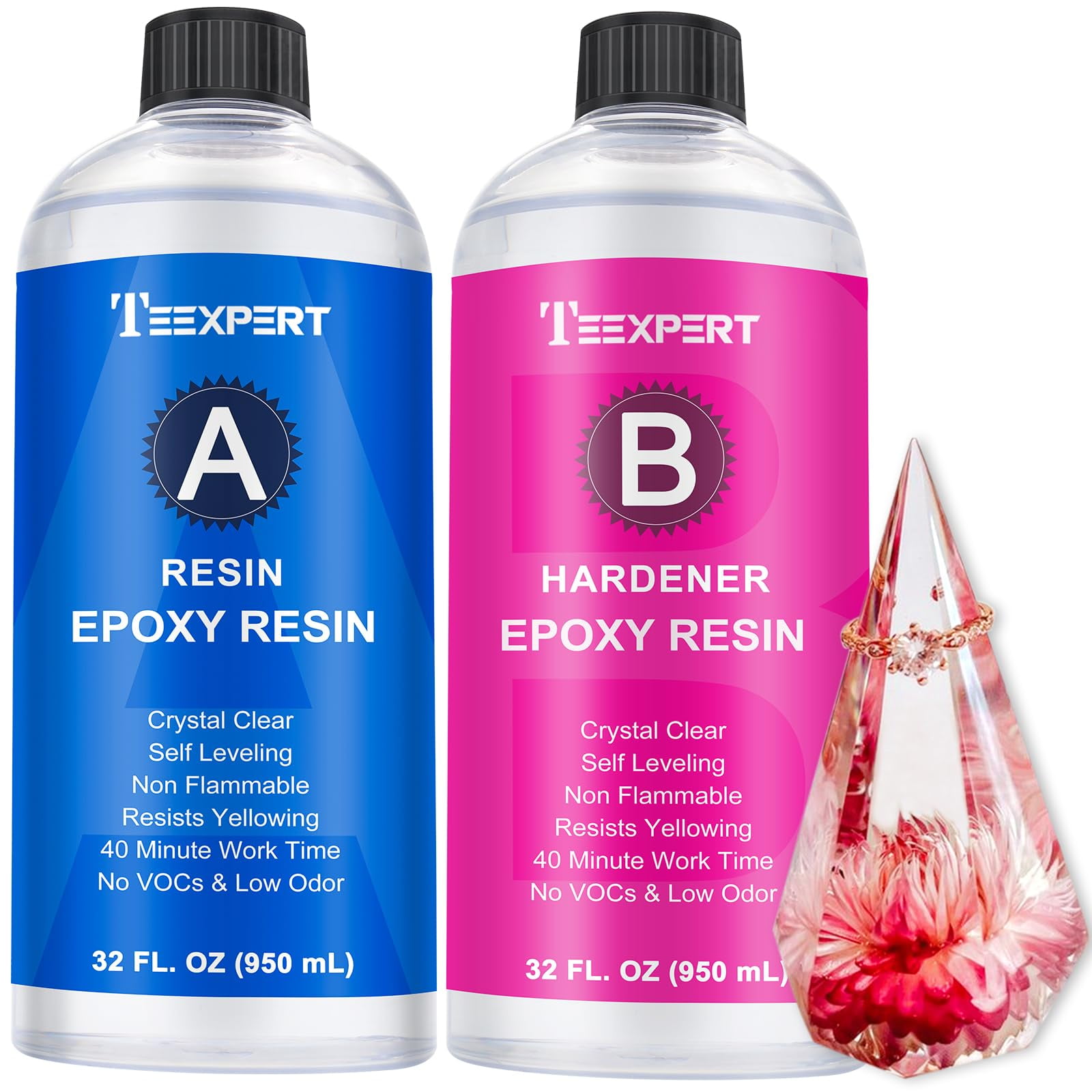 Teexpert Epoxy Resin-76OZ Fast Curing Epoxy Resin 4 Hours Demold Crystal Clear & Self-Leveling Coating and Casting Resin 38oz Resin and 38oz