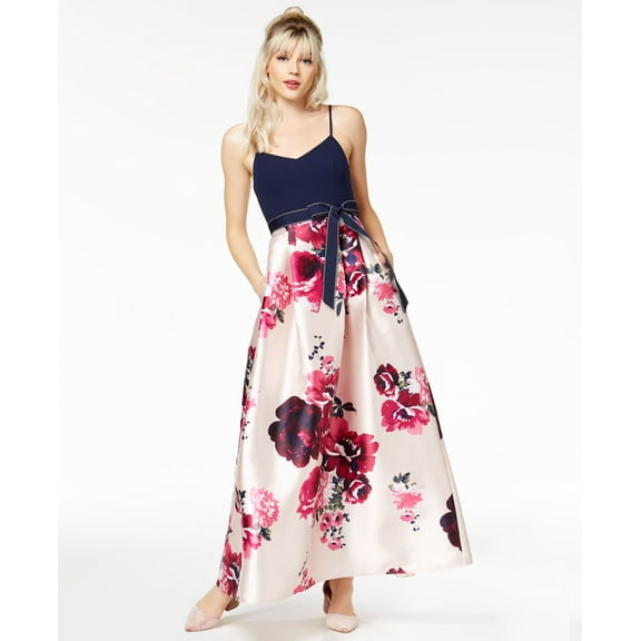 Teeze Me Juniors Bow Belt Fit Flare Gown Navy Pink 11