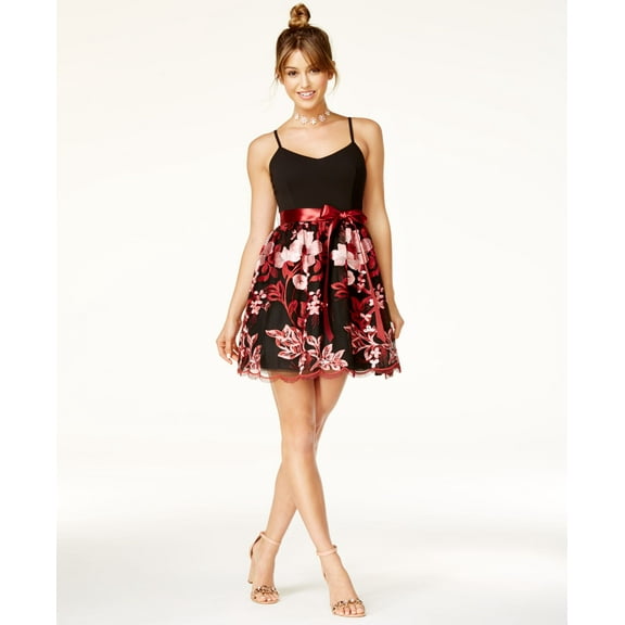 Teeze Me Juniors Embroidered Fit Flare Dress Black Wine 9