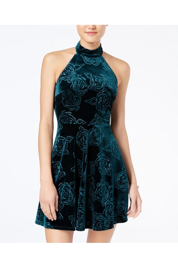 Juniors Flocked Halter Dress Emerald 0