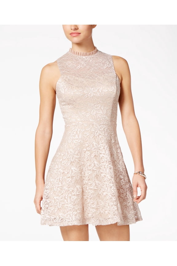 Juniors Glitter Lace Ruffle Dress Taupe 5