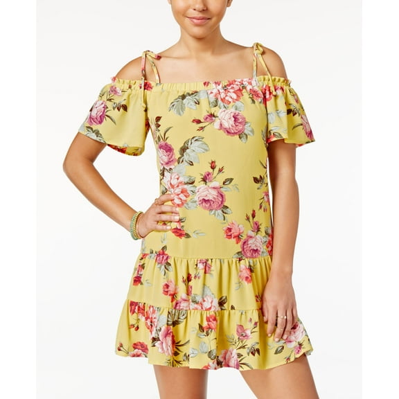 Teeze Me Juniors' Ruffled Floral-Print Off-The-Shoulder Dress (Yellow Multi, XXS)