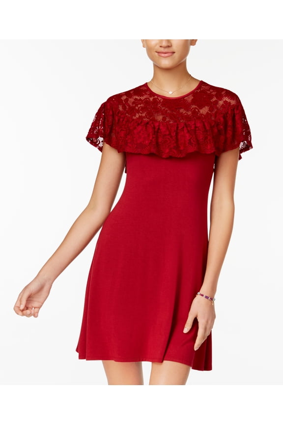 Juniors Ruffled Lace Trim Dress Berry L