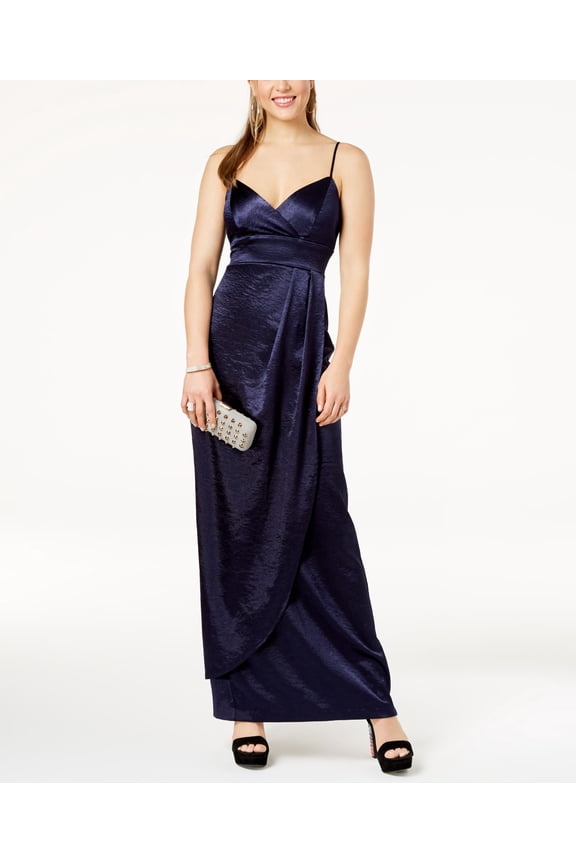 Juniors Satin Spaghetti Strap Gown Navy 3