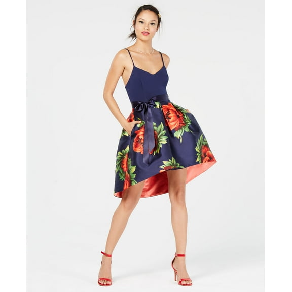 Teeze Me Juniors Solid Floral Satin High Low Dress Navy Red 7