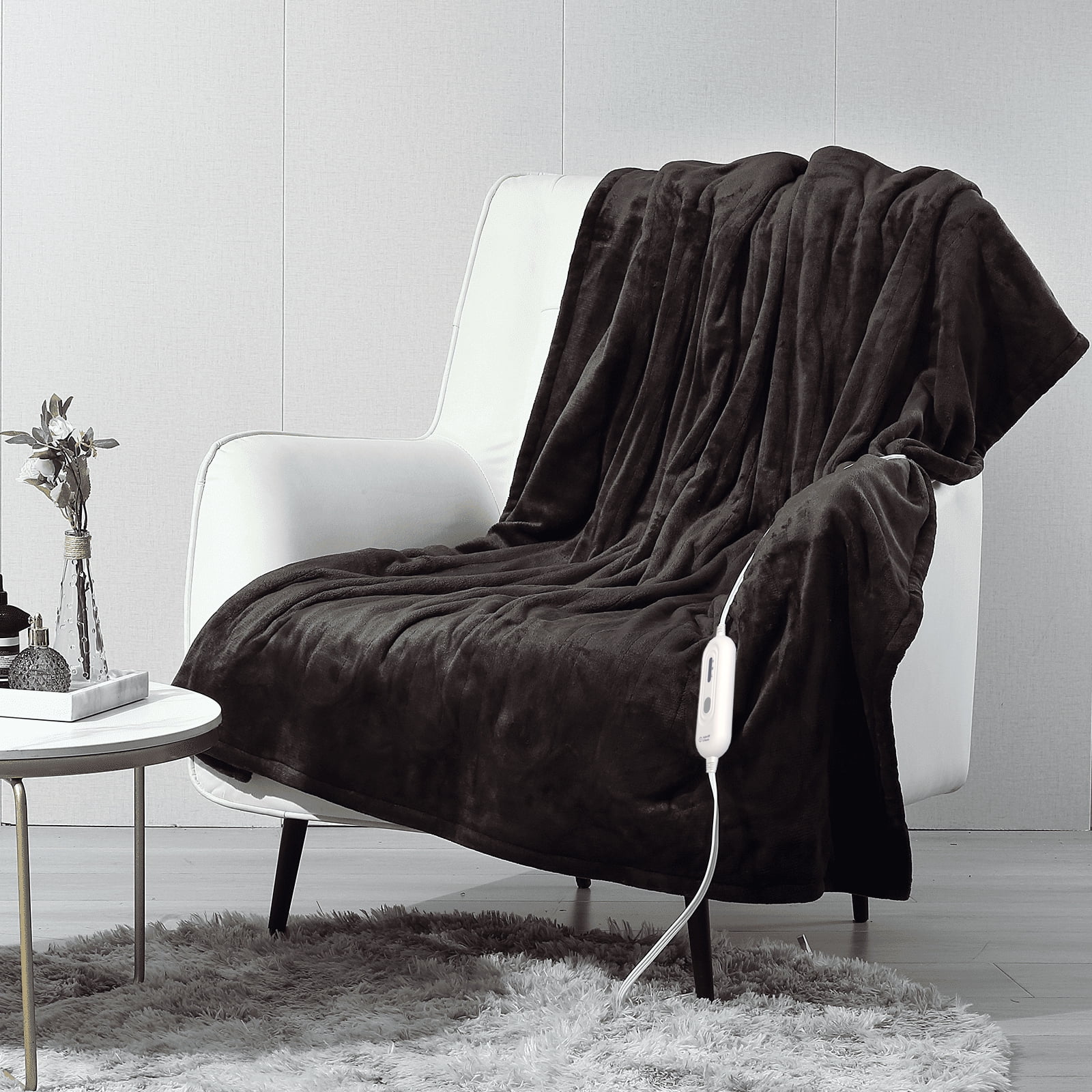 Tefici Heated Blanket Throw50"x60"Double Flannel Heating Blanket for Home Office, Electric Blanket 4 Hours Auto-Off & Over-Heat Protection, Brown