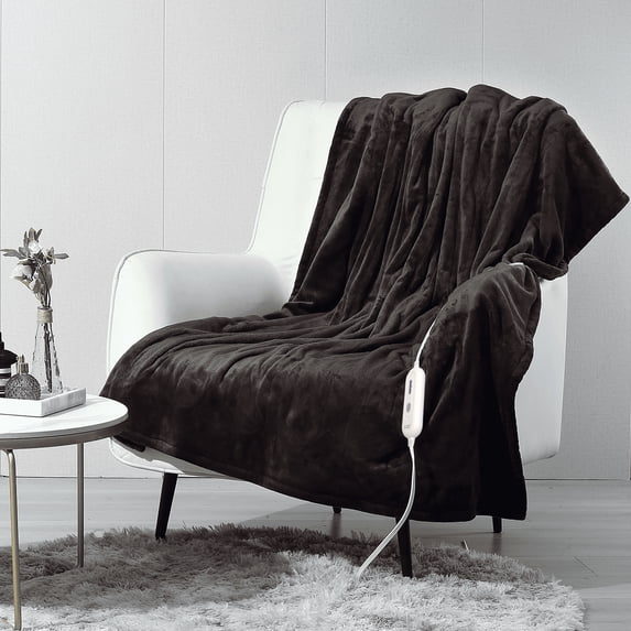 Tefici Heated Blanket Throw,50"x60"Double Flannel Heating Blanket for Home Office, Electric Blanket 4 Hours Auto-Off & Over-Heat Protection, Brown