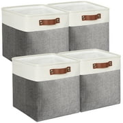 Tegance 13x13 Storage Cubes Baskets 4 Pack Fabric Cube Storage Bins Large Storage Baskets with Leather Handles,Decorative Storage Boxes for Organizing Shelves(White&Gray)