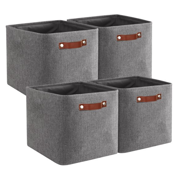 Tegance 13x13 Storage Cubes Baskets 4 Pack Fabric Cube Storage Bins Large Storage Baskets with Leather Handles,Decorative Storage Boxes for Organizing Shelves(Grey)