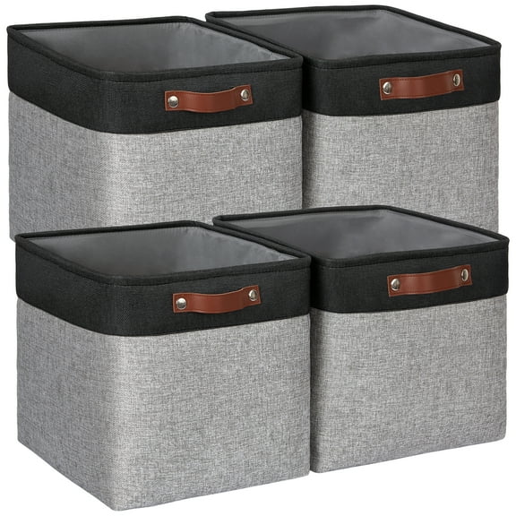 Tegance 13x13 Storage Cubes Baskets 4 Pack Fabric Cube Storage Bins Large Storage Baskets with Leather Handles,Decorative Storage Boxes for Organizing Shelves(BlackGrey)
