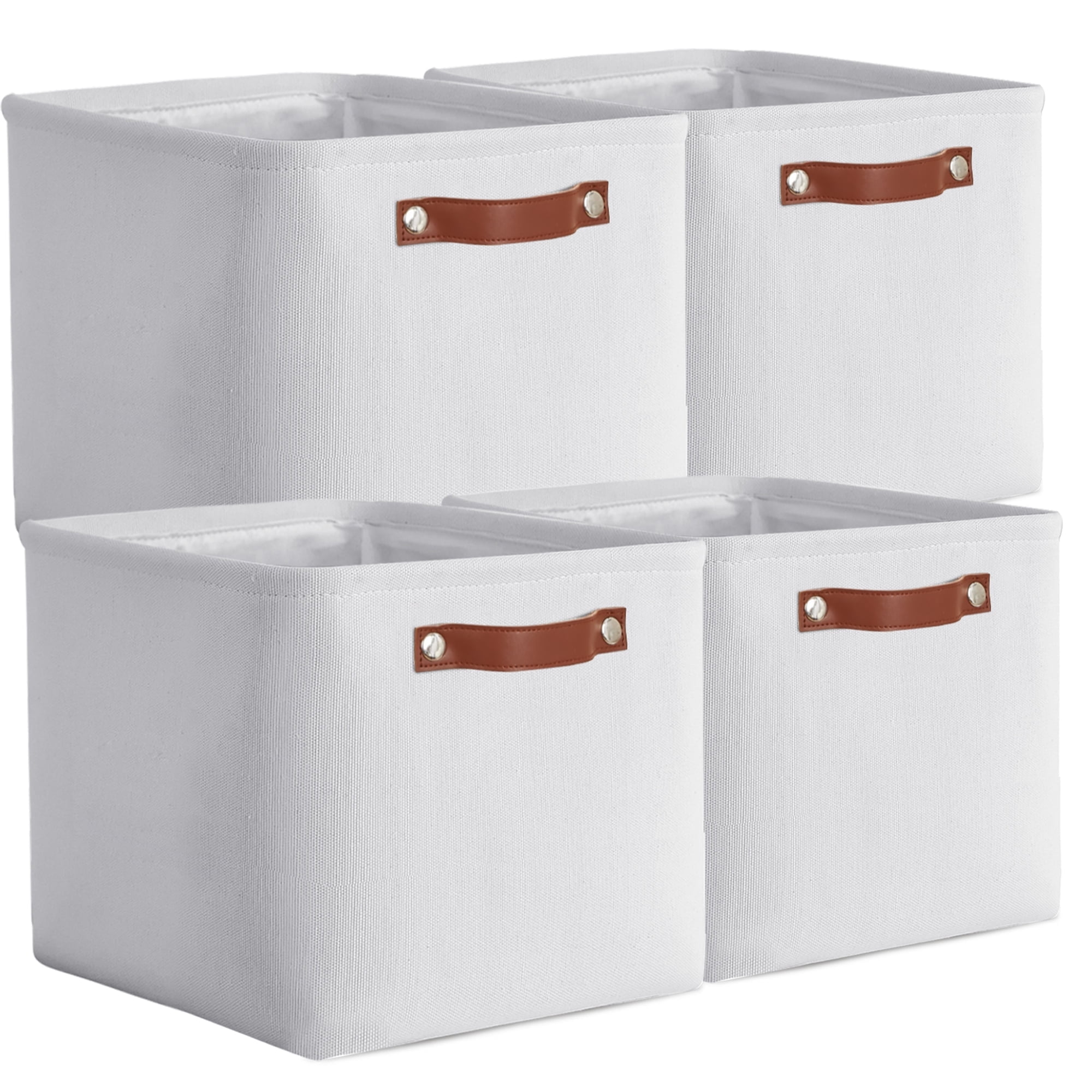 Tegance 13x13 Storage Cubes Baskets 4 Pack Fabric Cube Storage Bins Large Storage Baskets with Leather Handles,Decorative Storage Boxes for Organizing Shelves(White)