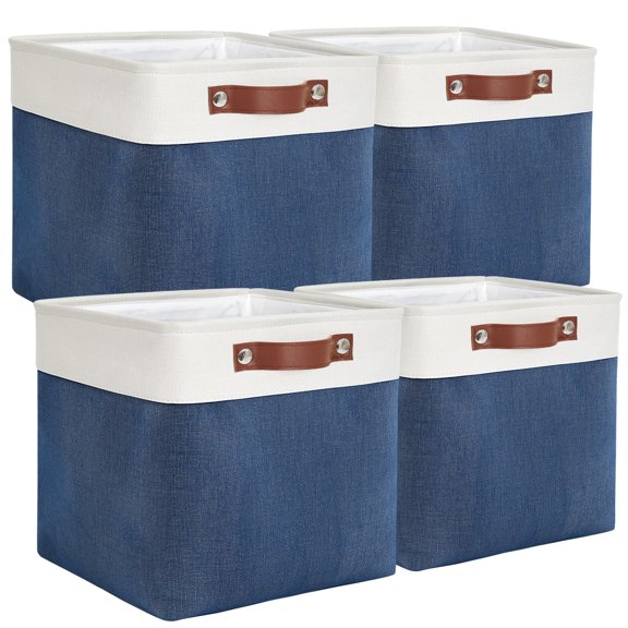 Tegance 13x13 Storage Cubes Baskets 4 Pack Fabric Cube Storage Bins Large Storage Baskets with Leather Handles,Decorative Storage Boxes for Organizing Shelves(WhiteBlue)