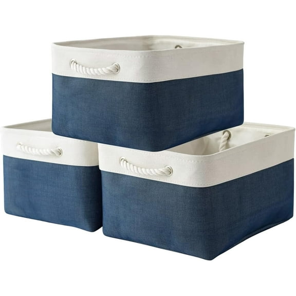 TESPERT 3-Pack Extra Large Storage Basket Set, Trunk Organizer, Clothes Toys Bin, 15.7 x 11.8 x 8.3 Inches, Rectangular EVA Collapsible Shelf Box with Handles, White & Blue