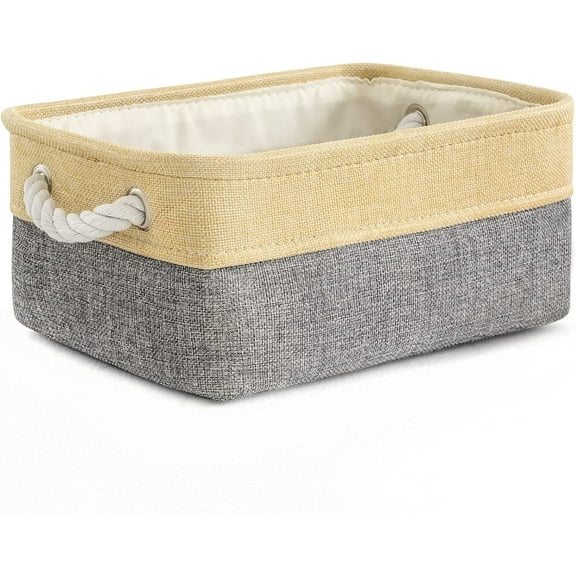 Tegance Small Storage Baskets for Shelves, Storage Cube Organizer, Storage Bins, 12 x 8 x 5 Inches, Rectangle Canvas Fabric Collapsible Shelf Box with Handles, Gold & Grey
