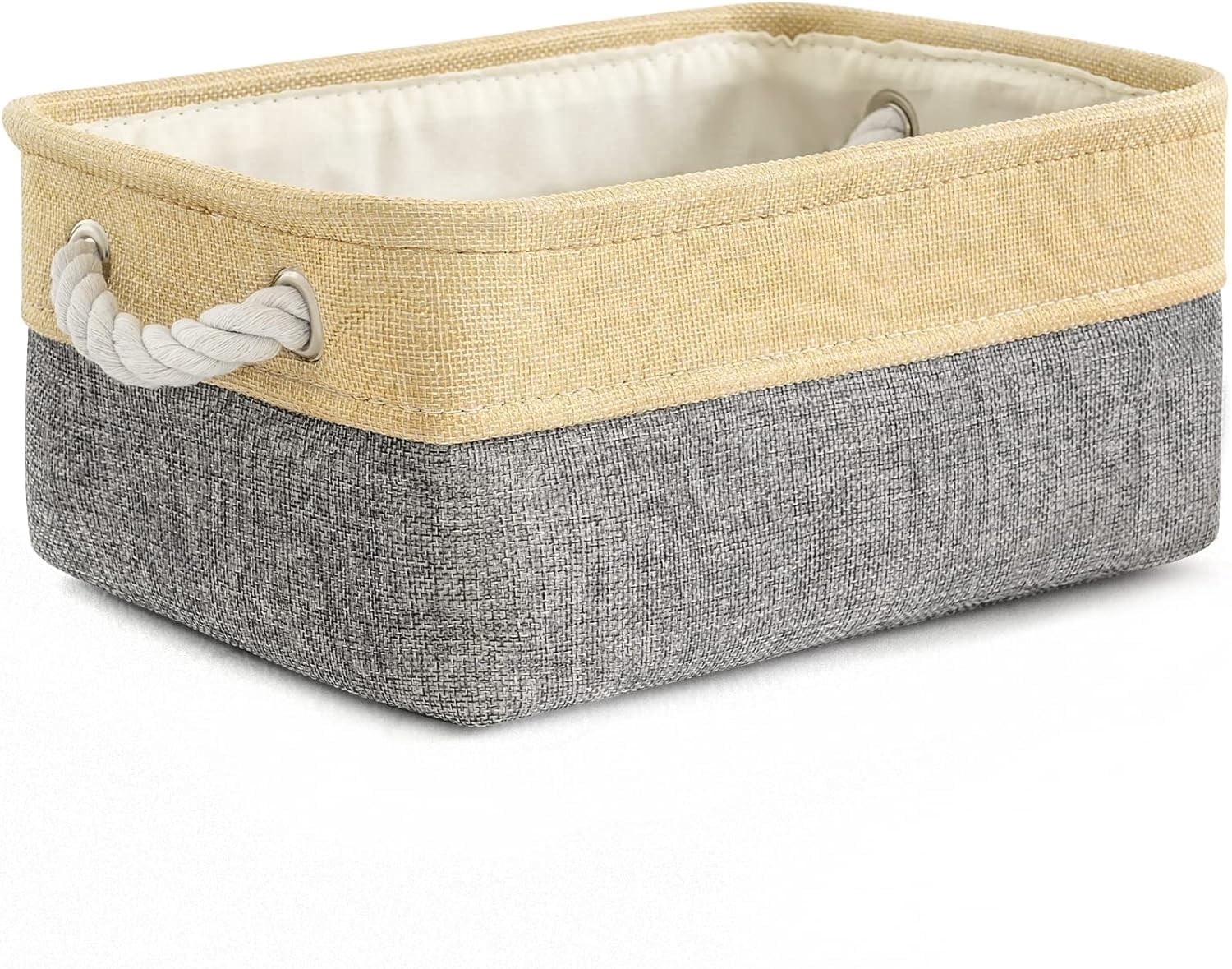 Tegance Small Storage Baskets for Shelves, Storage Cube Organizer, Storage Bins, 12 x 8 x 5 Inches, Rectangle Canvas Fabric Collapsible Shelf Box with Handles, Gold & Grey